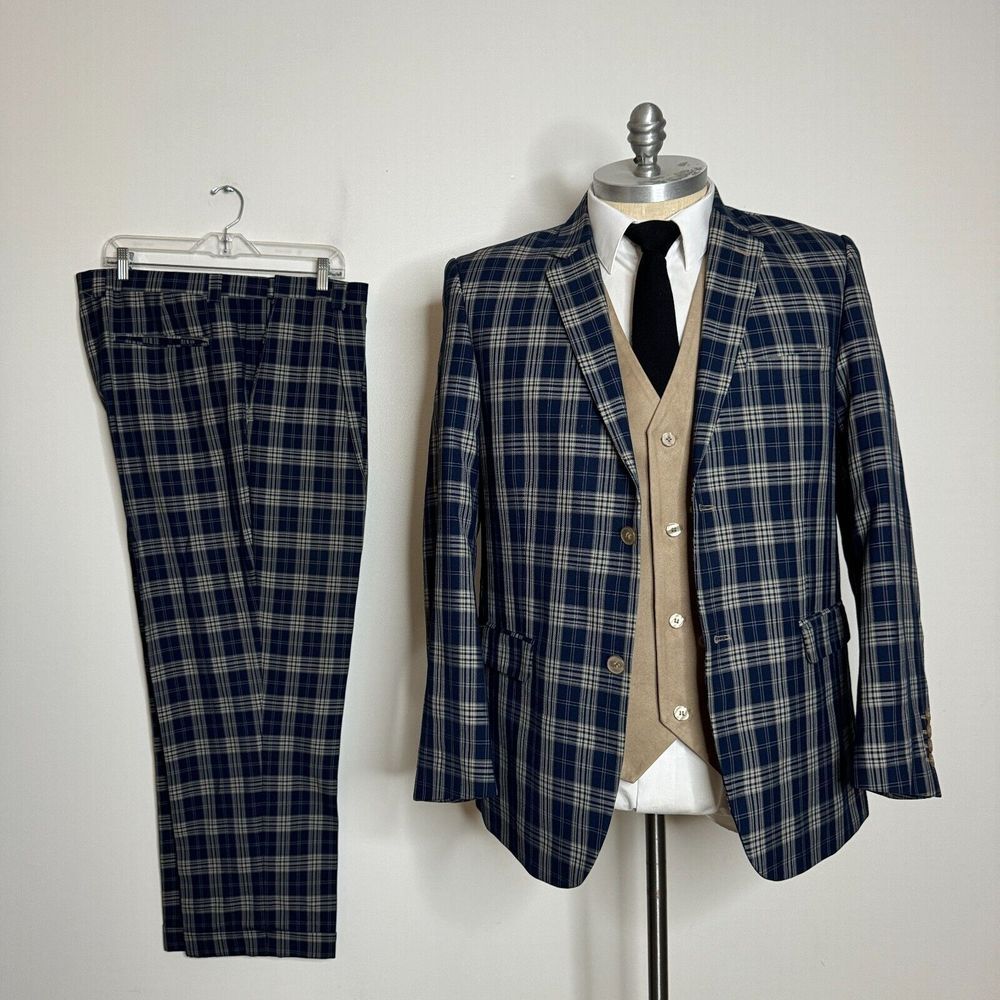Falcone Suit 46R 40W Mens 3 Piece Blue Check Wool